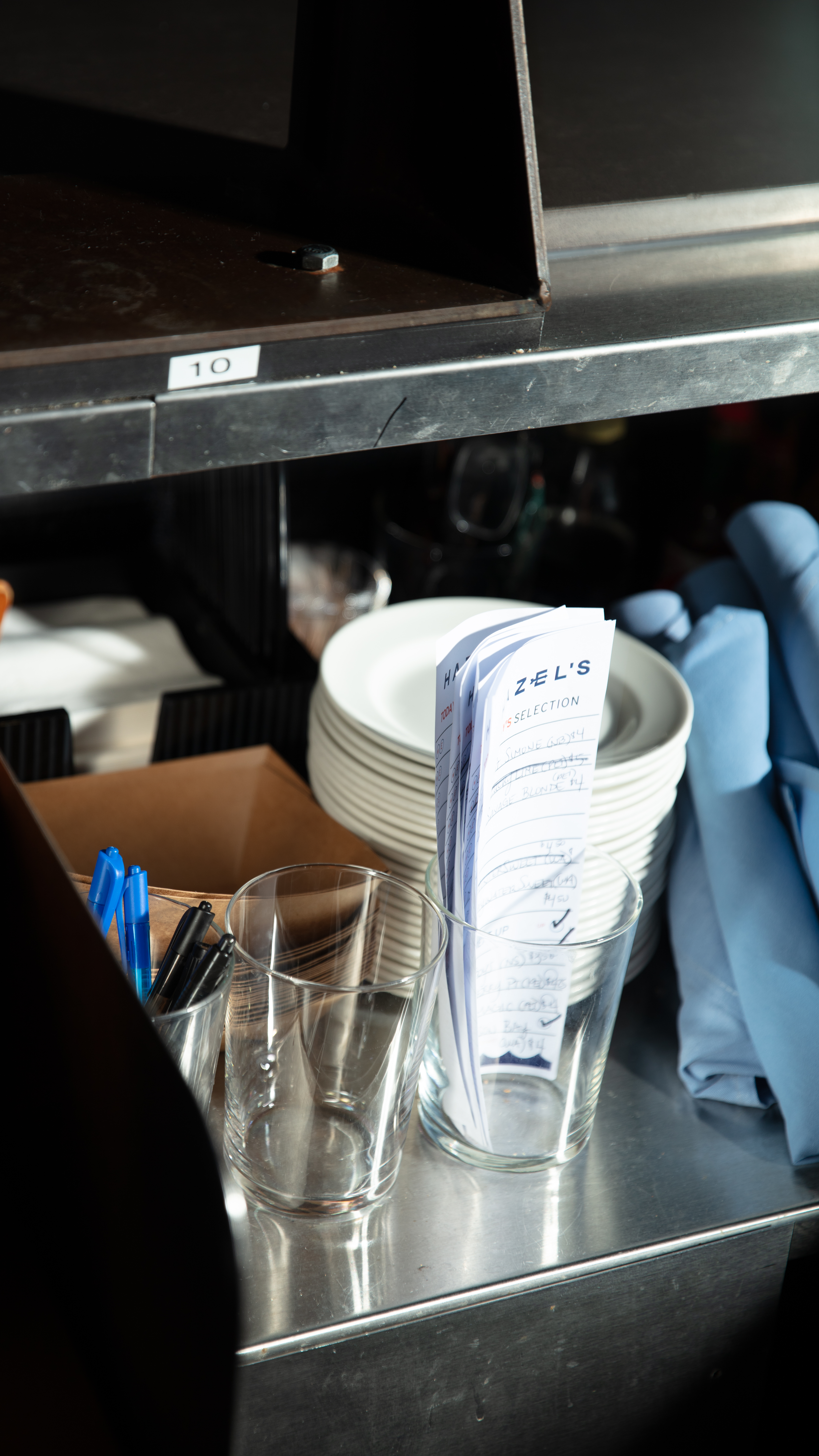 Glasses, plates, and order slips on counter